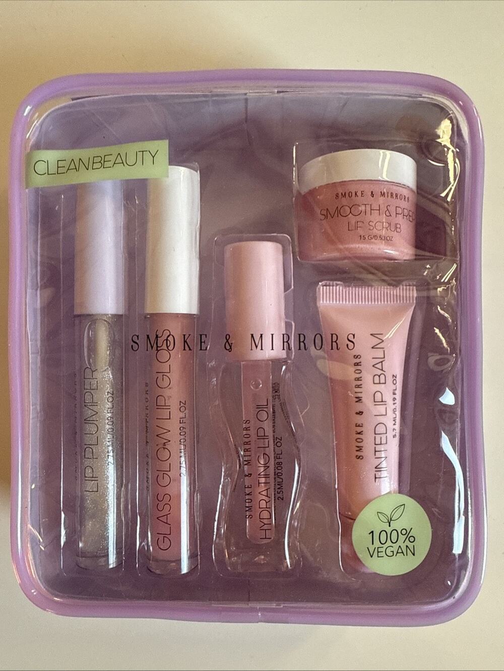 Smoke & Mirrors 5 Pc Vegan Lip Set Plumper Gloss Balm Oil Scrub - Clean Beauty